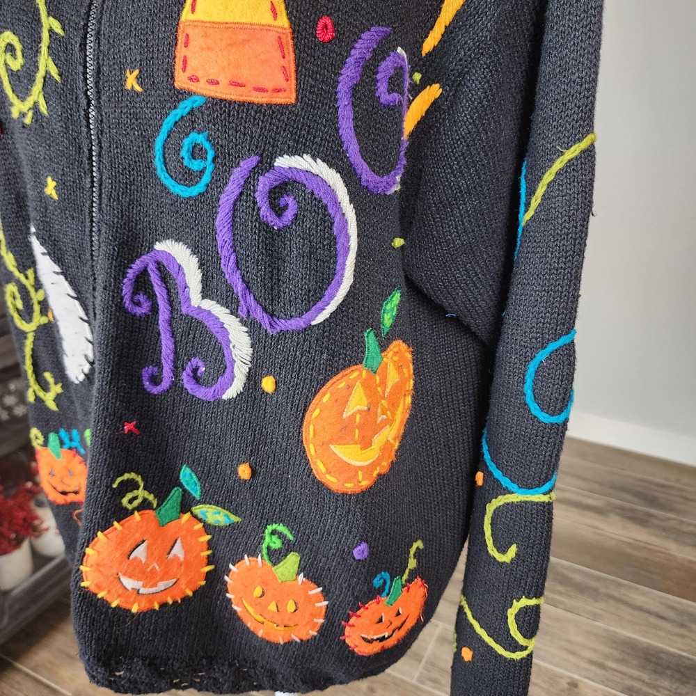 Yarnworks Vintage Halloween Zip Sweater Womens Large Black Orange Purple Boo 90s - Picture 4 of 15
